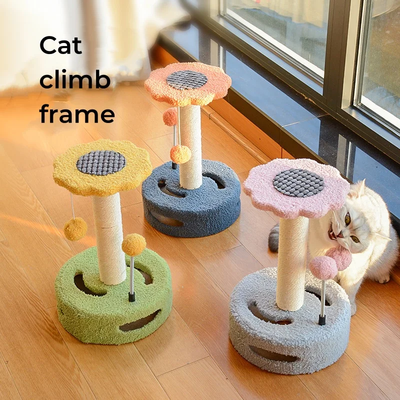 

Cute Flower Shape Pet Cats Toy Solid Turntable Funny Cat Stick Balls Durable Sisal Scratching Board Posts Supplies Grab Column