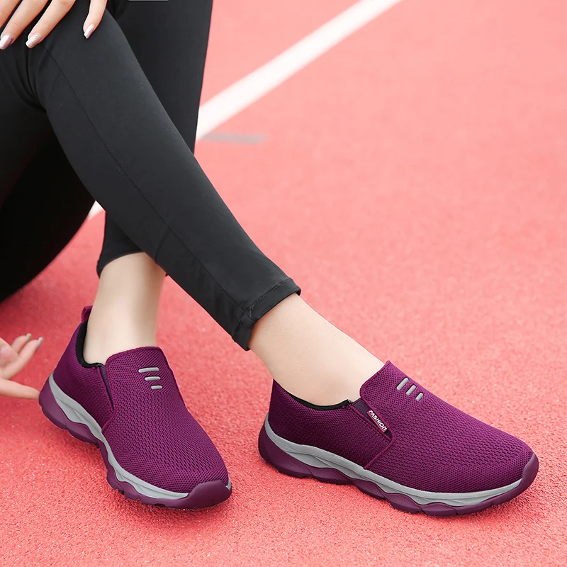 Chaussures de course à enfiler en maille pour femmes, chaussures de sport plates, baskets athlétiques légères, confortables, respirantes, non ald, extérieur, été