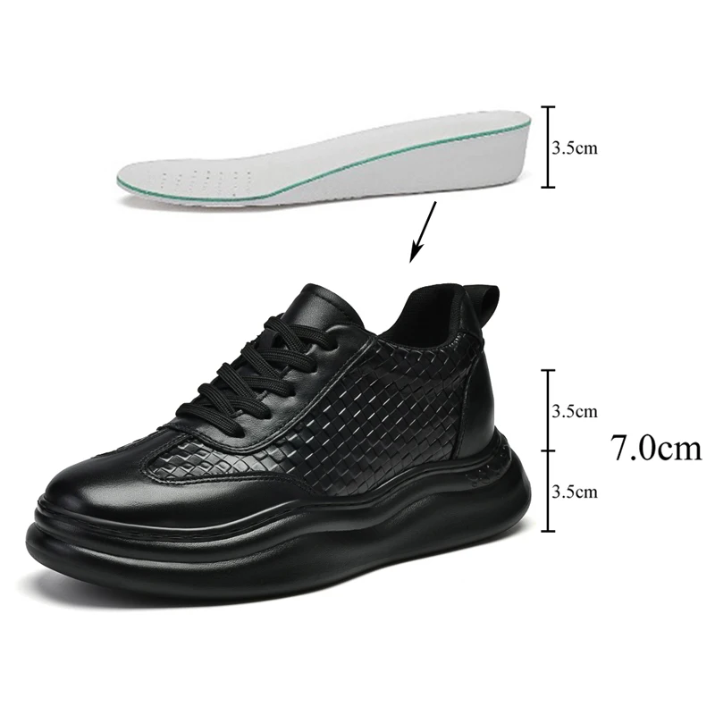 7cm Elevator Shoes For Men Black White Height Increasing Shoes Leather Casual Sneakers Inner Heightening Insoles 3.5CM