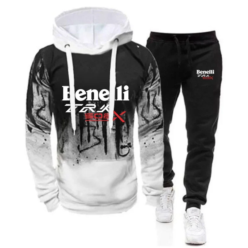 Hoodies Benelli Trk 502X gradiente cor, sweatpant casual masculino, casacos esportivos de hip hop, terno e calças, nova impressão, 2024