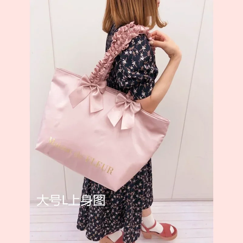 Zipper Satin Bow Ruffled Shoulder Bags Japanese Style Women\'s Mummy Bag Lolita Girls Sweet Tote Bags Medium Large Size