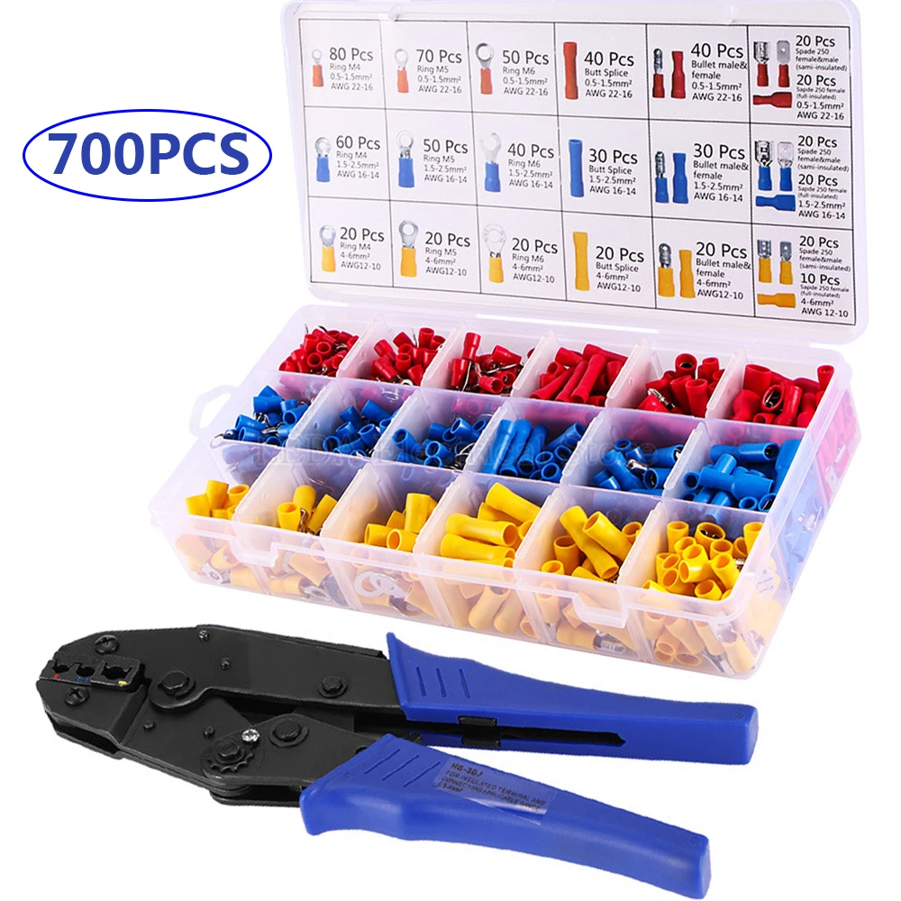 

700Pcs Electrical Crimp Connectors Assortment 0.5-6mm Cold Crimping Terminal Pliers Cable Set Hand Tool For Insulated Cable Lugs