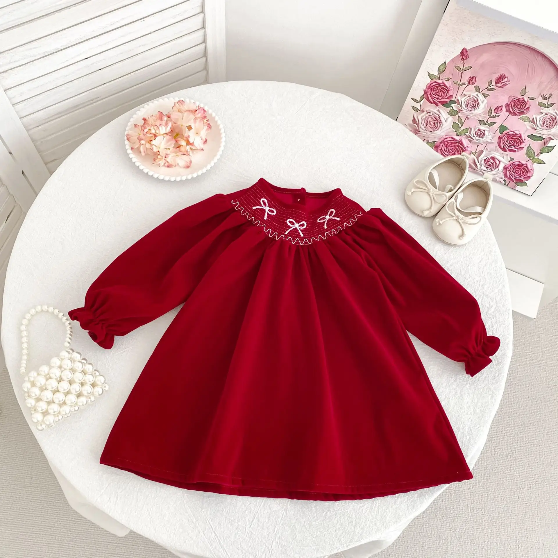 Weihnachten Party Kleid Baby Mädchen Bogen Prinzessin Rüschen Finish Kleid Mode Weihnachten Urlaub Herbst Winter Tragen Kinder Mädchen Kleid – Detail 3