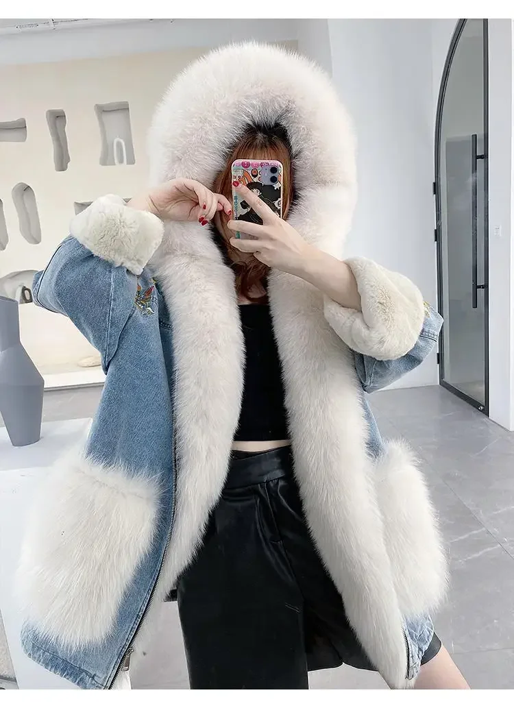 Women Winter Faux Fox Fur Collar Stitching Floral Embroidery Denim Jacket Mink Fur Liner Thickened Jeans Coat Parka Cardigan