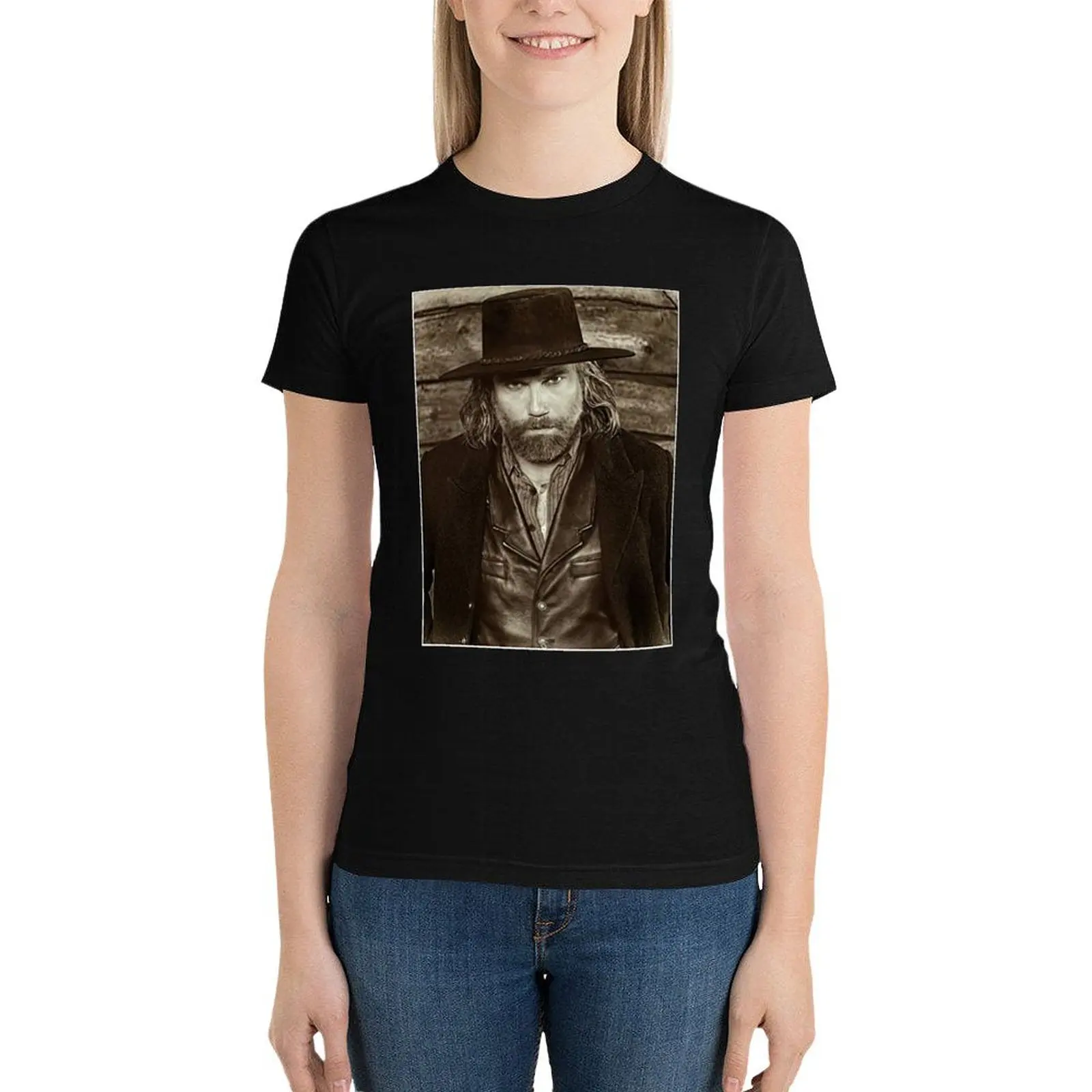 Anson Mount as Cullen Bohannon in Hell on Wheels Against Wood Wall T-Shirt korean fashion t-shirt dress for Women graphic