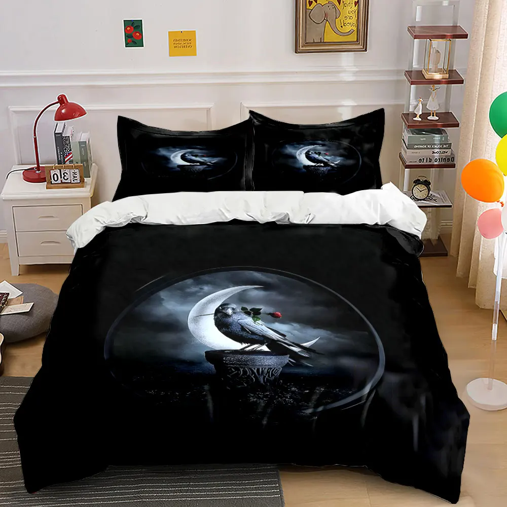 Black Background Moon Crow Rose Print Bedding Set 1 Duvet Cover 2 Pillowcases for Adult and Children Luxury Gift Full Size