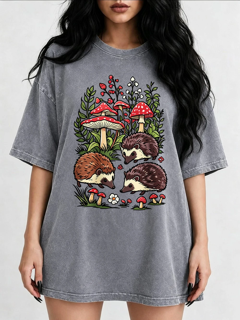 Forest Hedgehog Mushroom Whimsical Prints Washed T-Shirts Women Cotton Oversized Tops Summer O-Neck Tees Casual Woman Clothes
