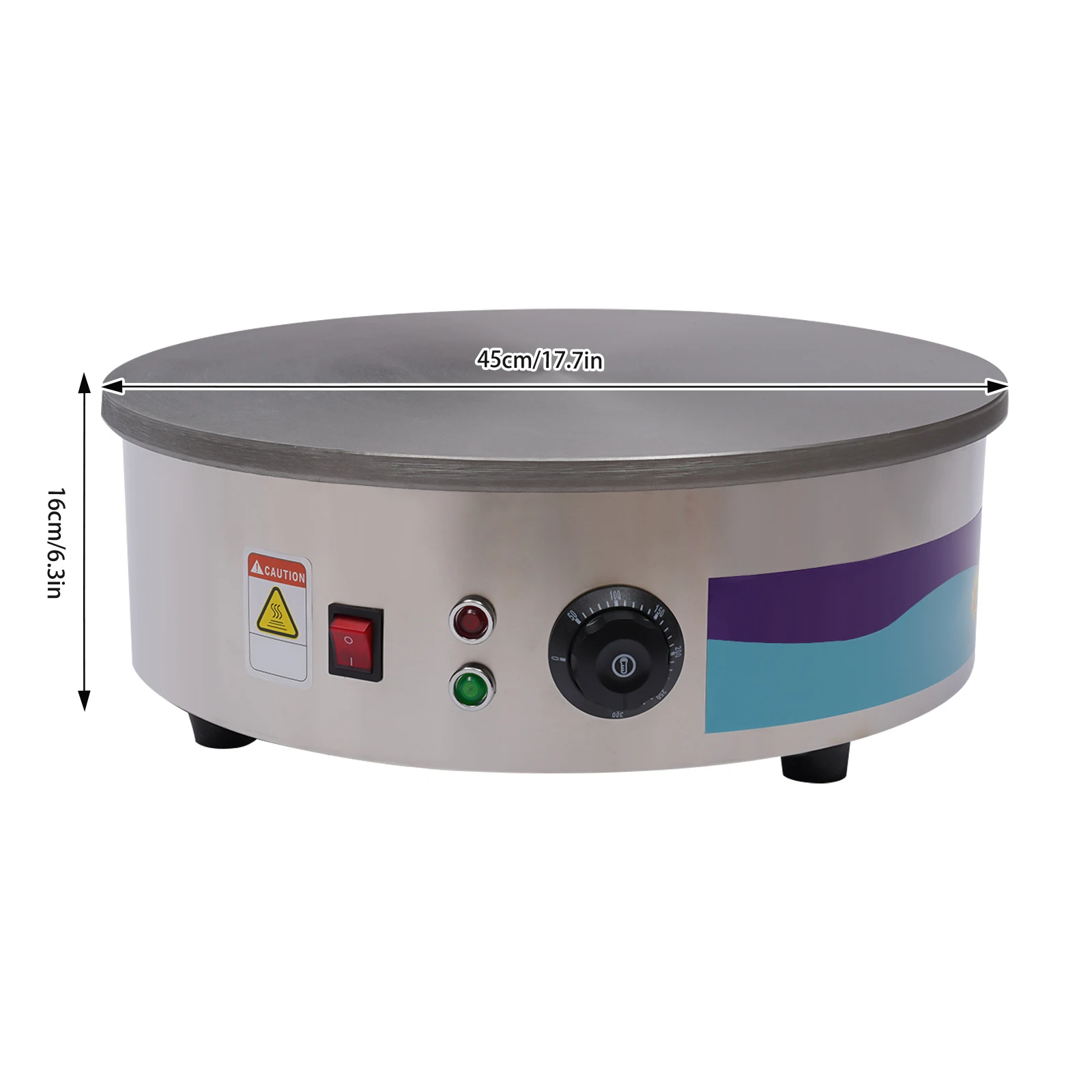 Crêpière électrique 3KW en fonte avec plaque de cuisson ronde de 17,7 pouces 50-300 ℃   Machine à crêpes professionnelle et domestique à température réglable, chauffage uniforme, pieds antidérapants,