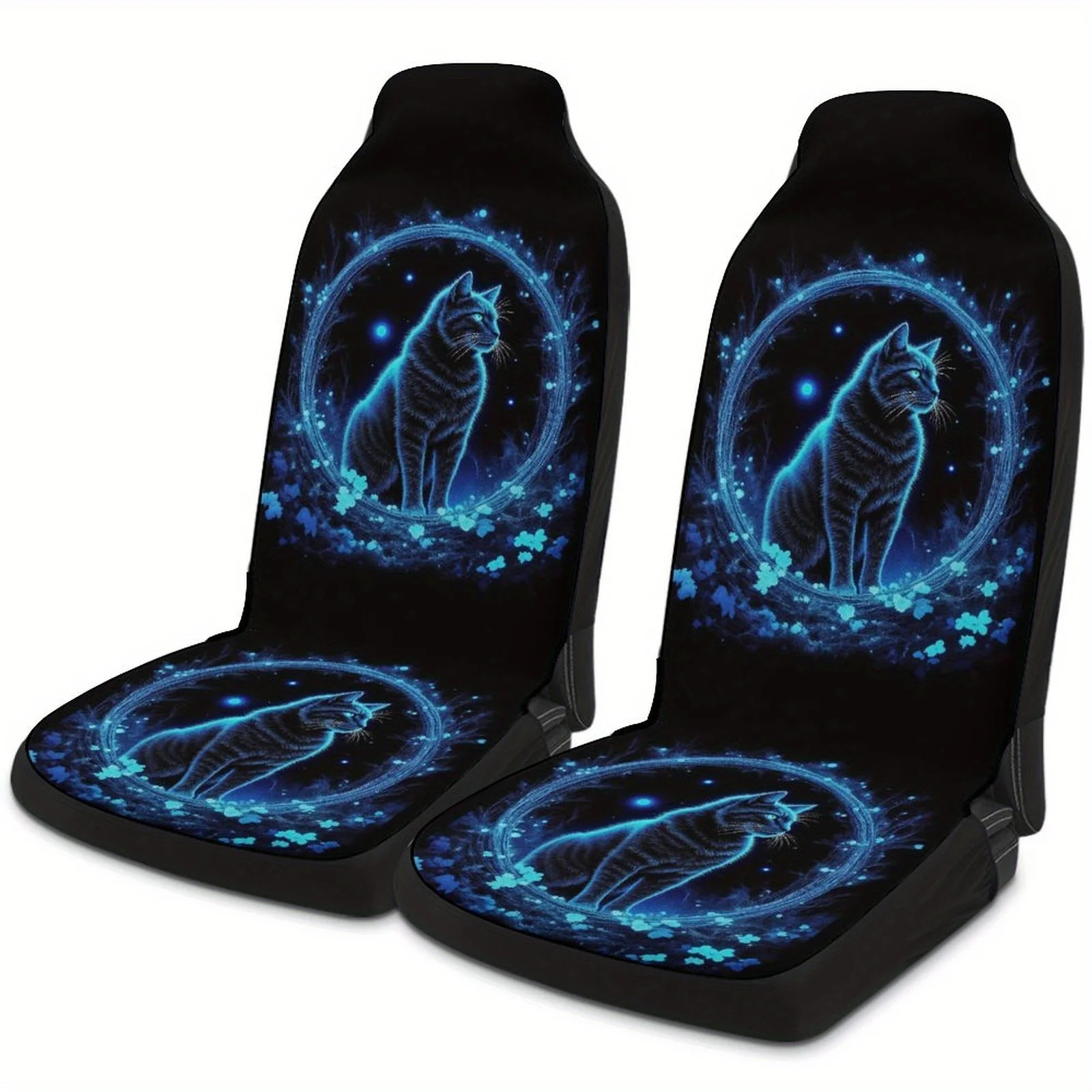 

2-Pack Cute Cat Wreath Blue Neon Print Car Seat Covers Suitable For Most Models