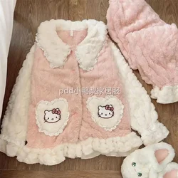 Sanrioed Anime Hello Kitty Women Pajamas Suit Cartoon Kawaii Winter Plush Coral Fleece Cardigan Homewear Warm Cute Nightwear