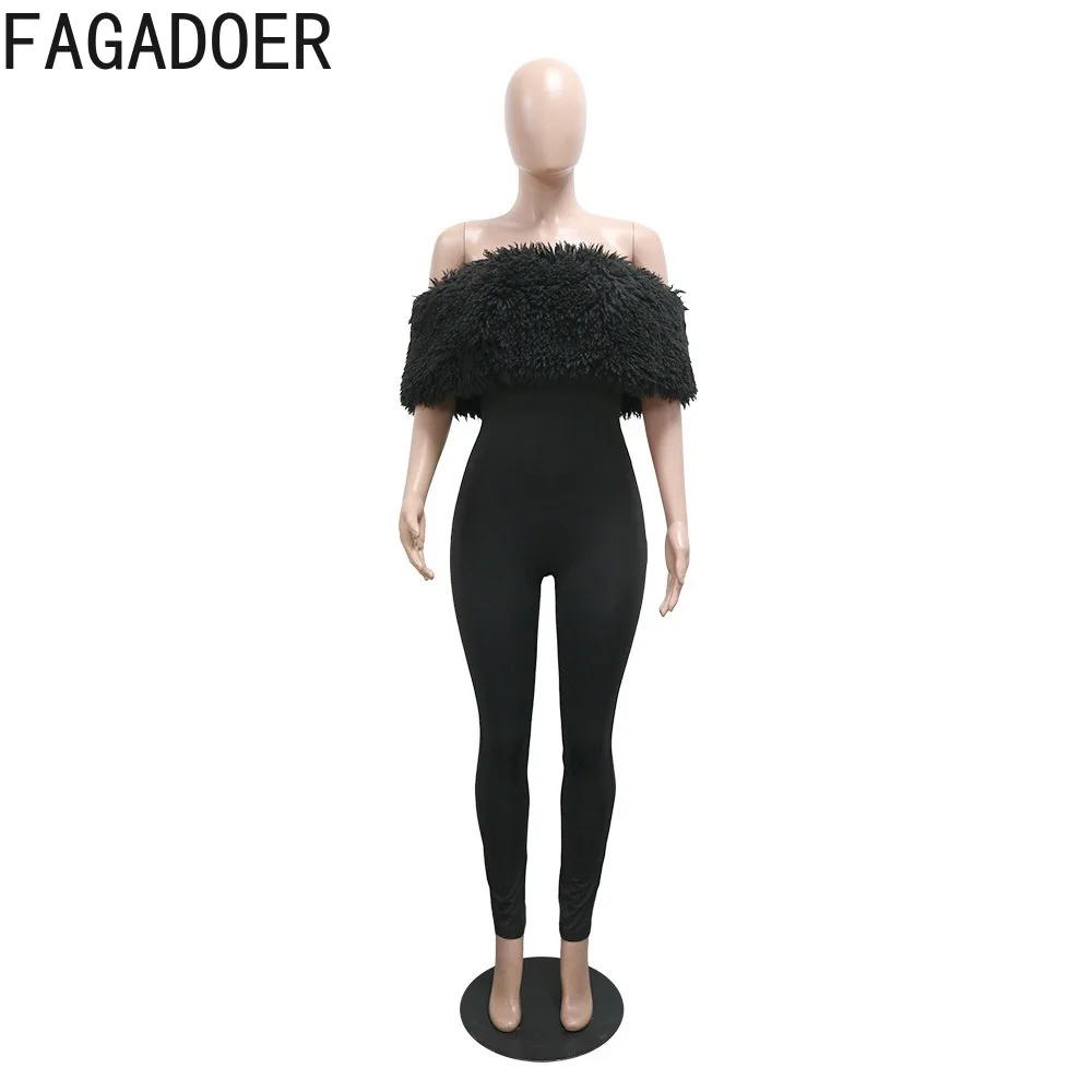 FAGADOER Sexy Fur Patchwork Bodycon Jumpsuits Women Solid Color Off Showlder Backless Rompers Female Streetwear Overalls 2025