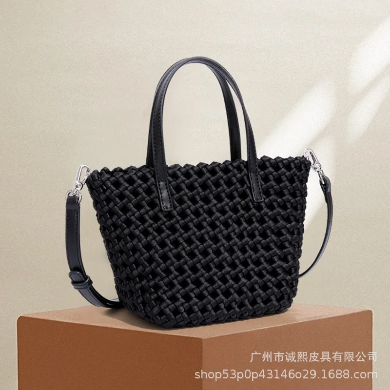 Leather Braided Handbags for Women Luxury Designer Quality Leather Tote Bags and Purses 2024 Fashion Trend Shoulder Bag Black