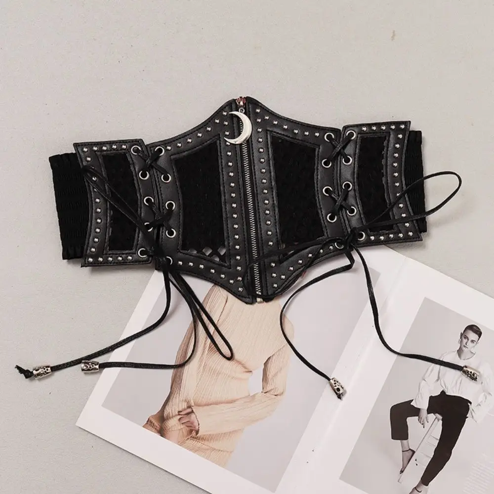 Moon Zipper Pendant Leopard Print Cummerbunds PU Leather Waistband Hollow Corset Belts Dress Girdle High Waist Wide Waist Belt