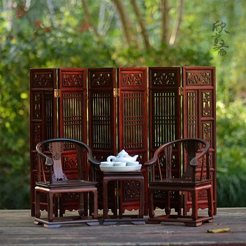 Red Rosewood Miniature Furniture Model Solid Wood Chair Ornament Round Back Armchair Screen Dollhouse Decor