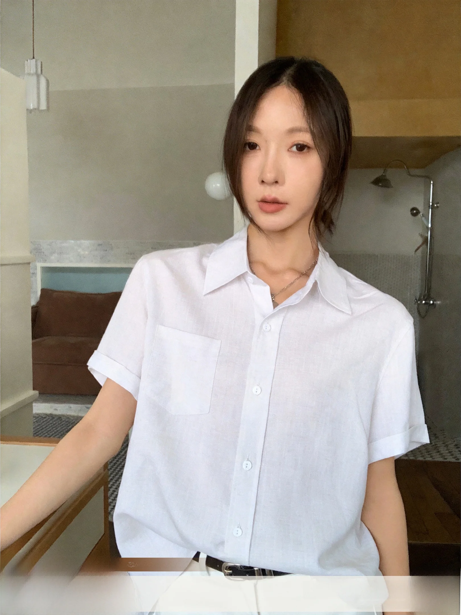 

Classic Korean Sle Raseel Linen ort Sve Women's irt Summer Thin Outerwear Breathable Loose Fit Pure Color