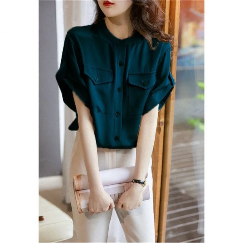 Fashion Solid Color Double Pockets Single-breasted Blouse Women Classic Summer Short Sleeve O-collar Office Lady Chiffon Shirt