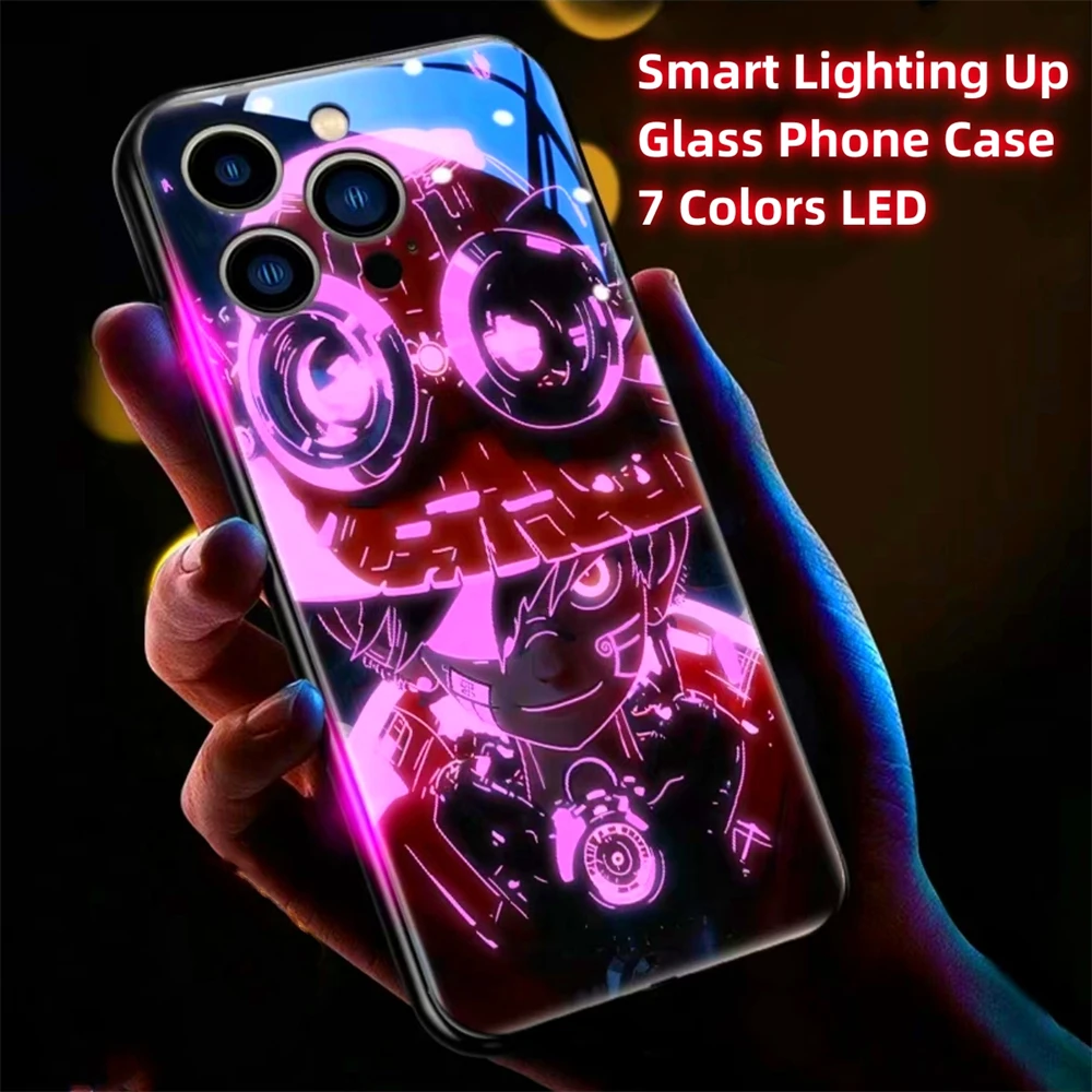 Japanese Anime Voice Sensing LED Light Up Glowing Luminous Phone Case For iPhone 15 14 13 12 11 Pro Max XR XS Plus 6 7 8 SE2020