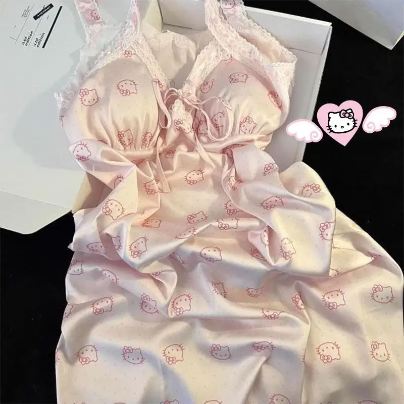 Hello Kitty Pyjama-Kleid für Damen, ärmellose Weste, Sommer-Nachthemd mit süßem Aufdruck und Brustpolster, bequeme Schlafkleidung für Mädchen