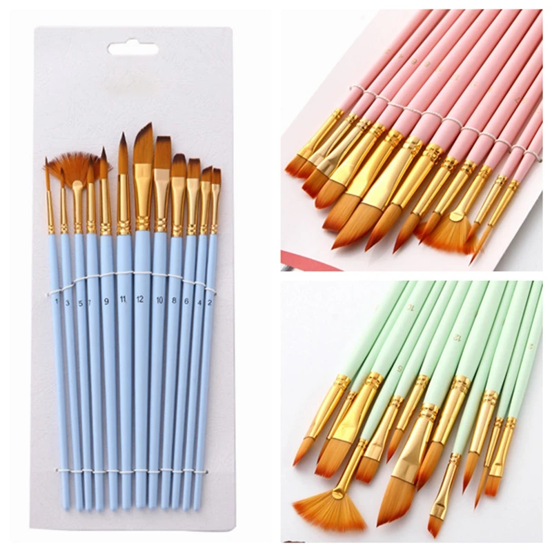 Portable 12 Pcs Painting Brush Set Multipurpose for Canvas Glass Ceramic Durable Bamboo Handle with Pouch Travel Art Supplies