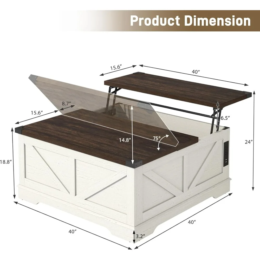 طاولة قهوة كبيرة مقاس 40 بوصة مع مخرج طاقة ومساحة تخزين مخفية كبيرة، وطاولة غرفة معيشة خشبية مربعة #1