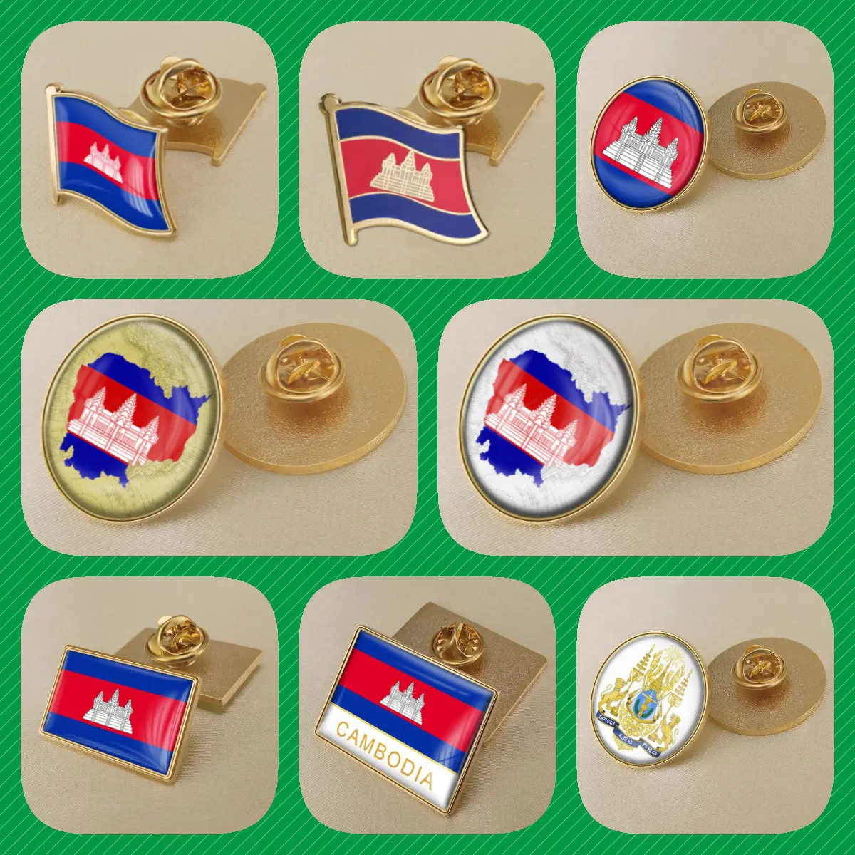 Cambodia Kampuchean Map Flag National Emblem Brooches Badges Lapel Pins