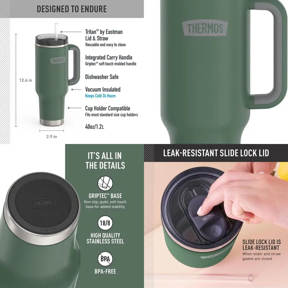 

Изолированный стакан из нержавеющей стали емкостью 40 унций альпийского зеленого цвета с крышкой, соломой и герметичным замком