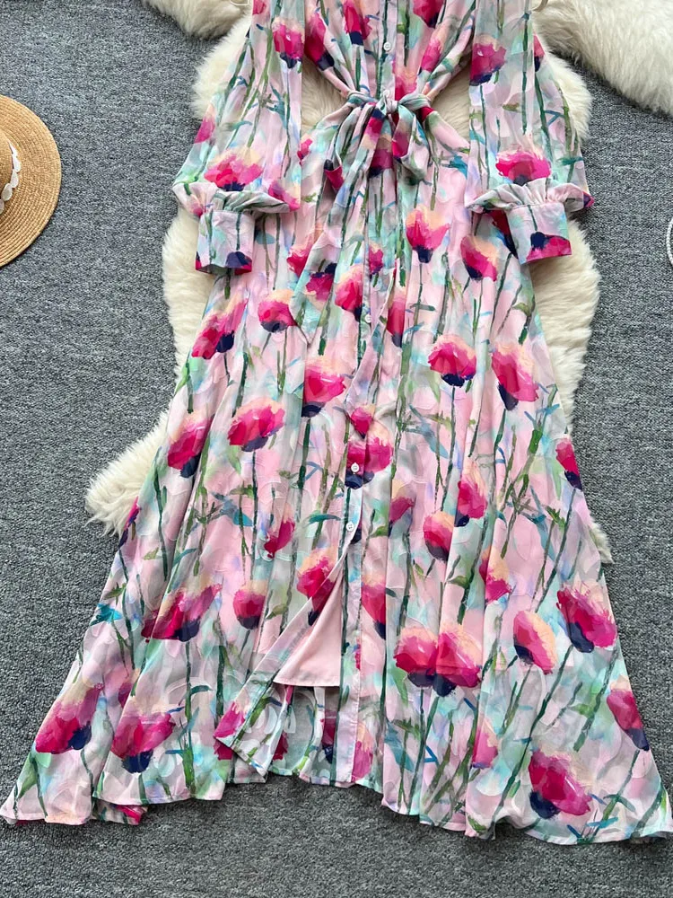 กระโปรงทรงเอเอวสูงลายดอกไม้พิมพ์ลาย Ele รุ่นใหม่ประจำฤดูใบไม้ร่วงปี 2025 กระดุมเดี่ยว ผ้าเดรสยาว ผูกเอว