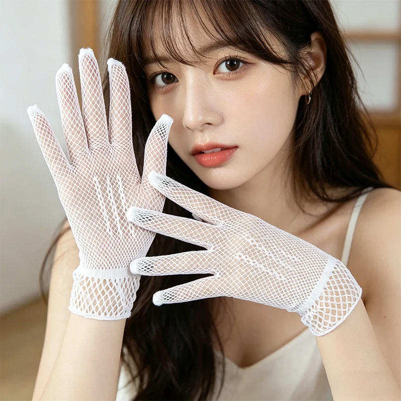 Summer Thin Sexy Mesh Three-Bar Full-Finger Fishing Net Lace Free Hollow Wedding Etiquette High Elasticity Gloves