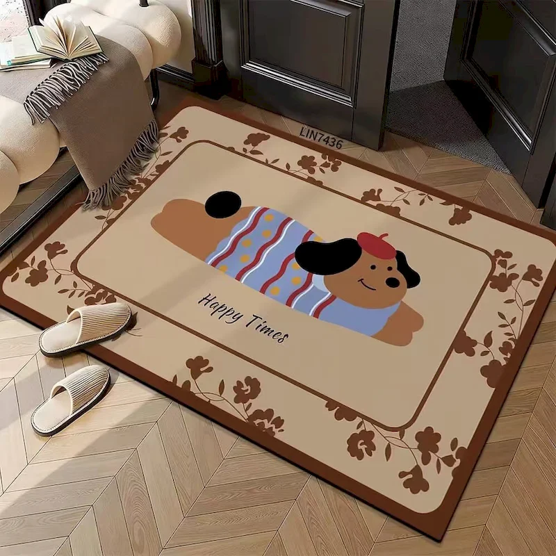 VIKAMA Hand‑Drawn Doodle Puppy Holiday Floor Mat Cute Cartoon Non‑Slip Rug for Entryway Bedroom Living Room Household Decor