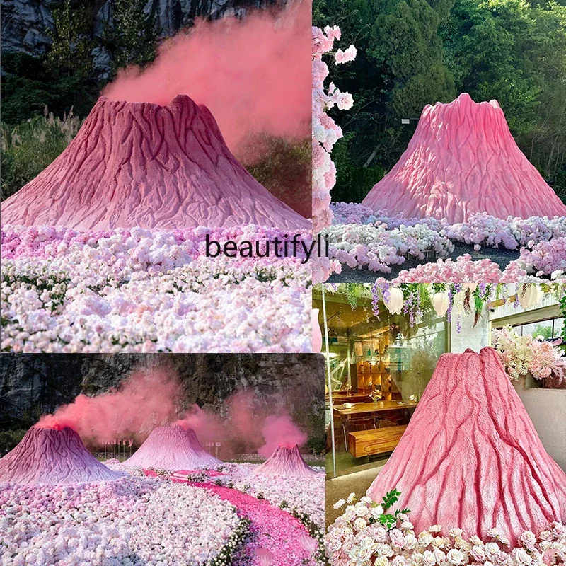 Pink Volcano GRP Sculpture Scenic Spot Clock-in Drainage Wedding Photo Floor-Standing Decorations Big