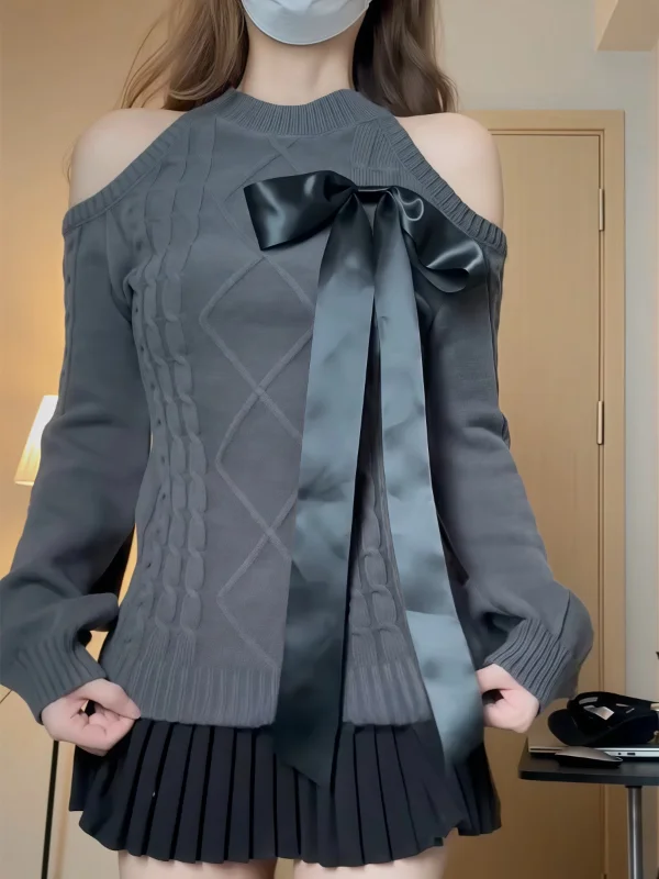 

plus Size Knot Knitted Sweater Korean Sle oulder Bared Slimming Autumn Winter New Arrival for plus Size Women