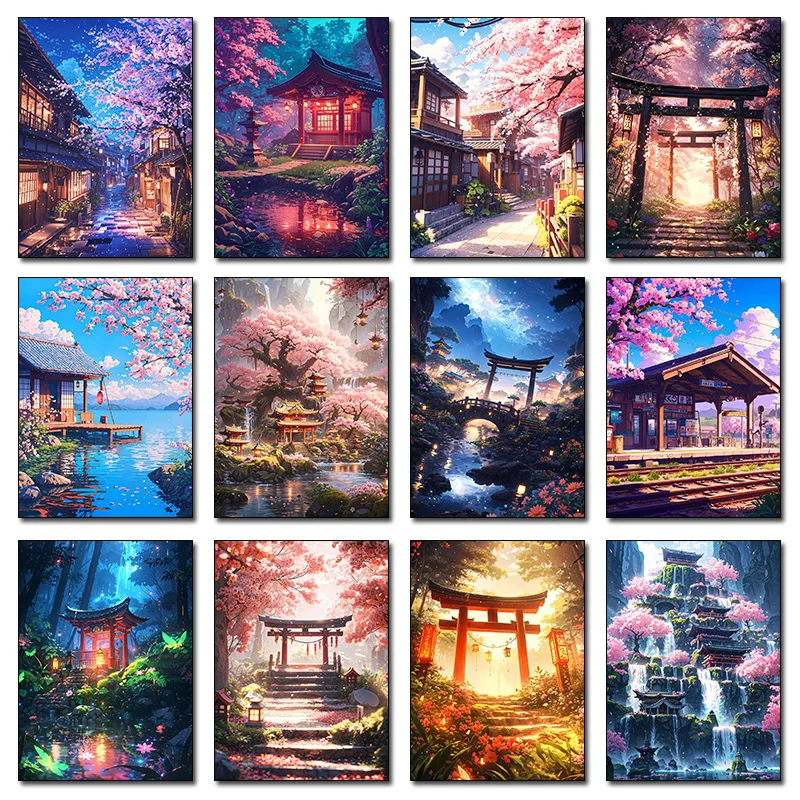 Japanese And Asian Poster Starry Night Glowing Shrine Torii Gate Canvas Printing Wall Decoration Frameless Painting Home Room