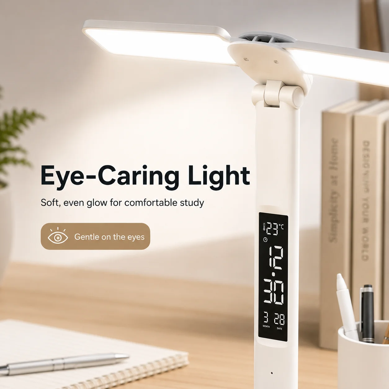 Student LED Desk Lamp with Digital Display 3 Color Adjustable Reading Lamp Anti Blue Light Table Lamp with Pen Organizer