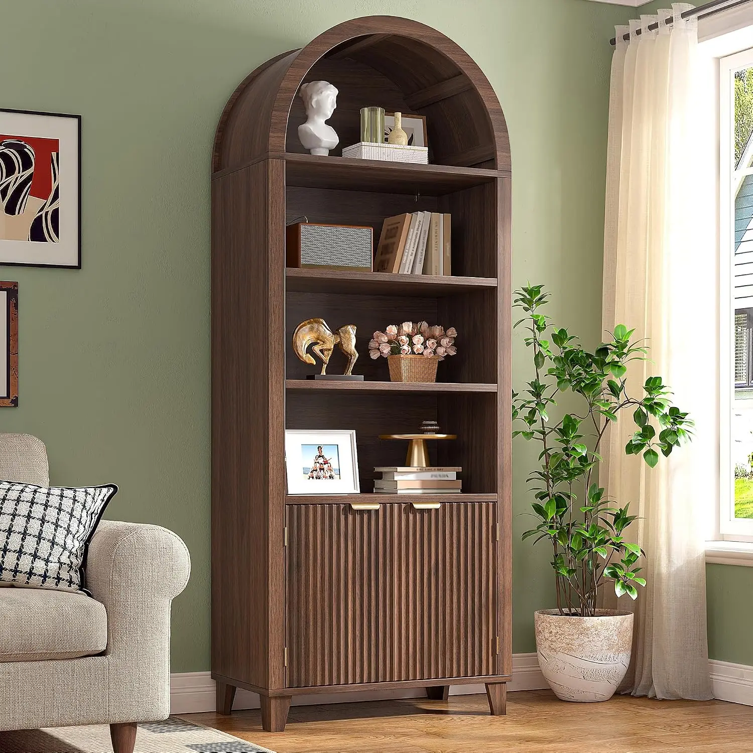 79.9" Tall Arched Cabinet, 6-Tier Arch Bookcase with Fluted Doors and Adjustable Wood Shelves