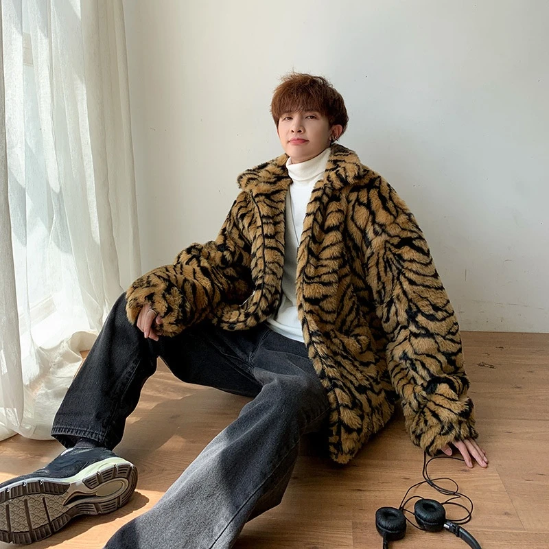 Men Winter Faux Fur Furry Coat Loose Male Leopard Print Tiger Stripe Jacket Oversize Boys Harajuku Outerwear Xxxl Windbreaker