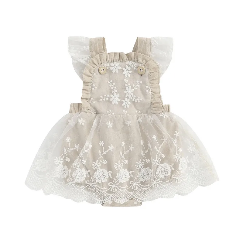 

Infant Baby Girls Summer Romper Dress Fly Sleeves Lace Floral Embroidery Tulle Backless Jumpsuit