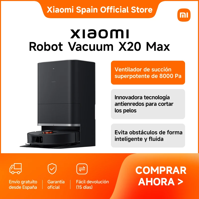Official | Xiaomi Robot Vacuum X20 Max, Ventilador de succión superpotente de 8000 Pa, Innovadora tecnología antienredos para cortar los pelos, Evita obstáculos de forma inteligente y fluida