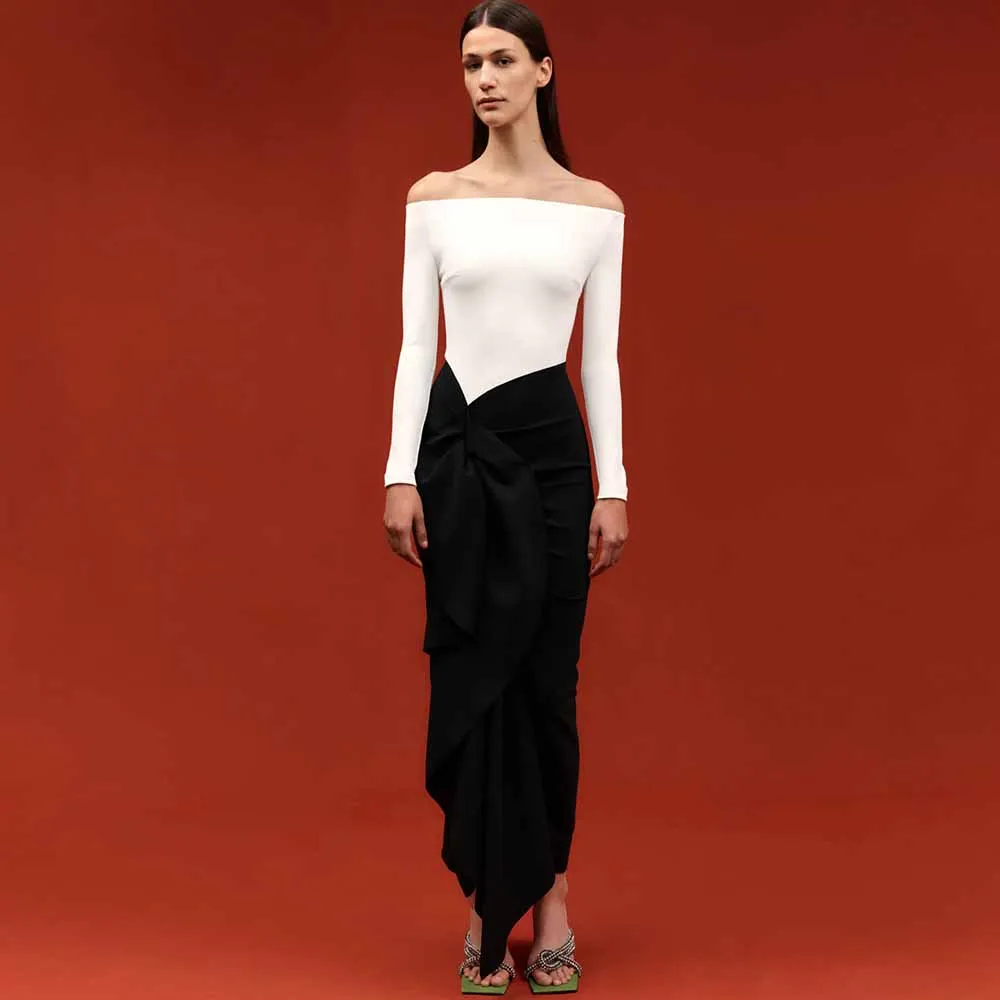 Abiti da cocktail moderni da donna 2025 Abito da sera tubino/colonna in jersey Abiti da ballo con volant con spalle scoperte avorio e nero