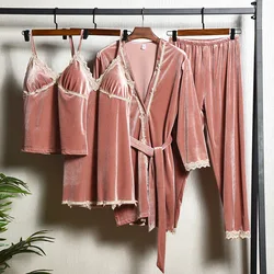 Female Sleepwear Lounge Wear Lace Trim Nightgown Sexy Pink Pajamas Four Piece Set Velour Homewear New Autumn Winter Lingerie