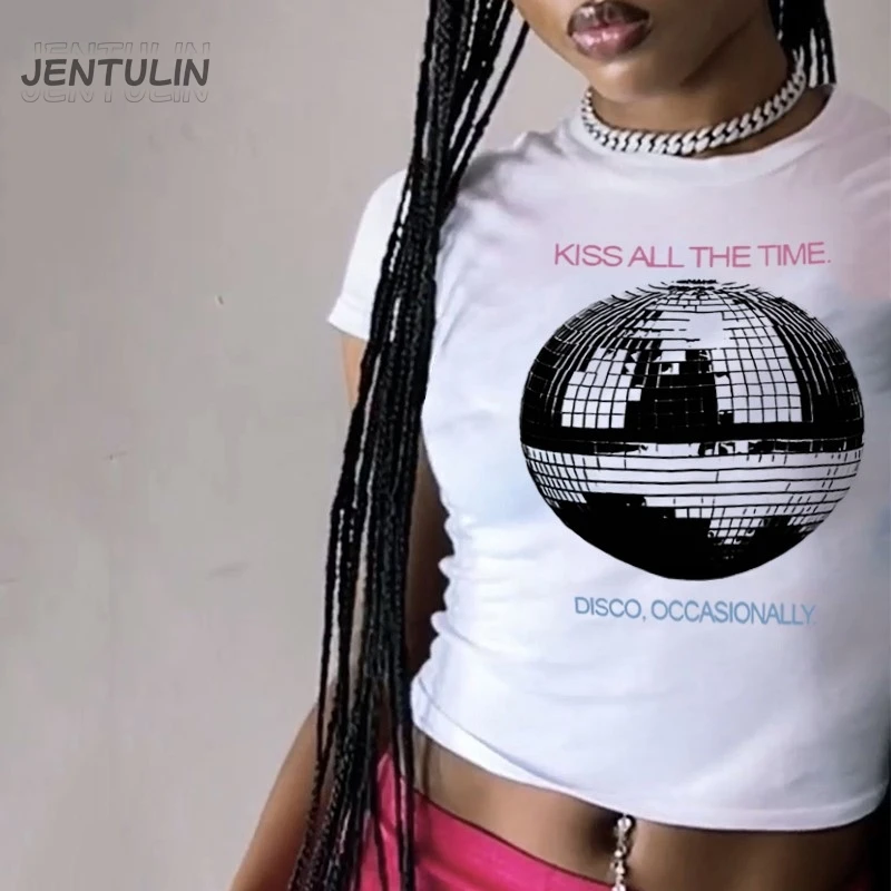 Y2K Style Kiss All The Time Disco Print Crop Tops Concert Tee Music Lover Gift Y2K Crop Tops Party Tees Women Film Fit Crop Tops