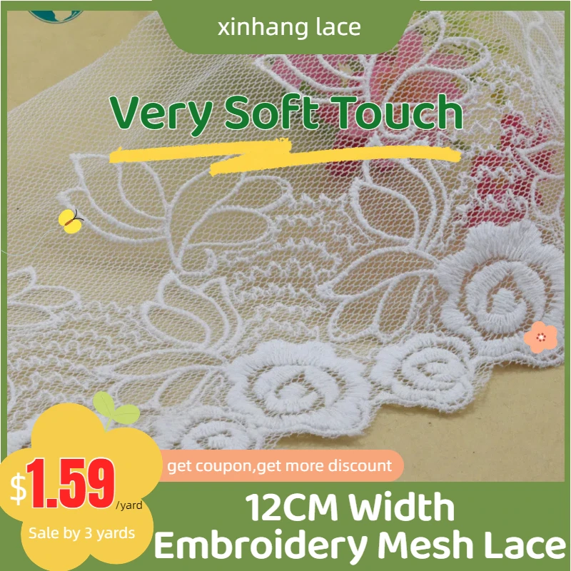 

3yards 12cm white lace cotton embroidery lace french lace ribbon fabric guipure diy trims warp knitting sewing Accessories#3723