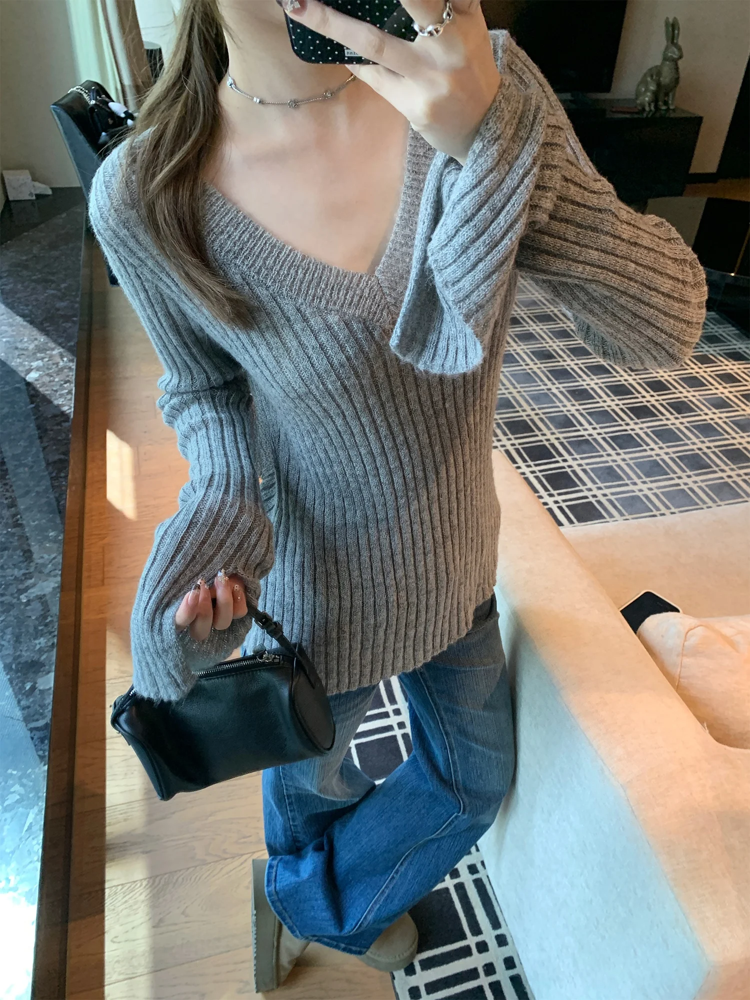 

Женский приталенный шерстяной вязаный свитер с V-образным вырезом, базовый слой, верхняя одежда, утягивающая футболка, повседневный трикотаж