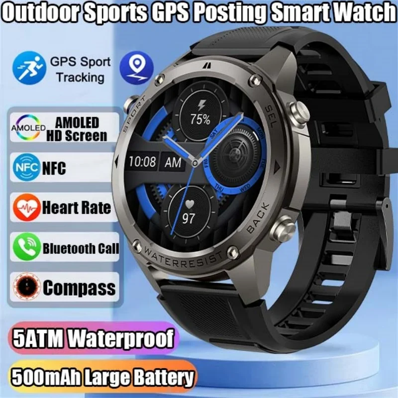 For Huawei Xiaomi Outdoor GPS Smart Watch Men 2024 New Bluetooth Call 10ATM Swim Waterproof Compass 500mAh Battery Smart Watch