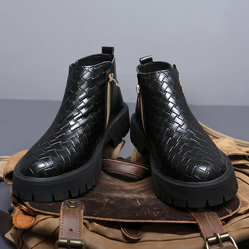 

Black Thick Soled Chelsea Men Boots with Woven Pattern Zipper Simple Personalized Youthful Fashionable