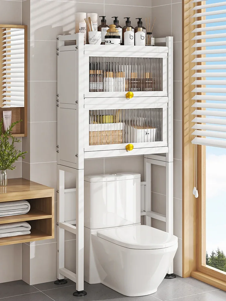 

Floor-standing toilet with cupboard door above toilet rack Bathroom Dust-proof bathroom Multi-storey new storage