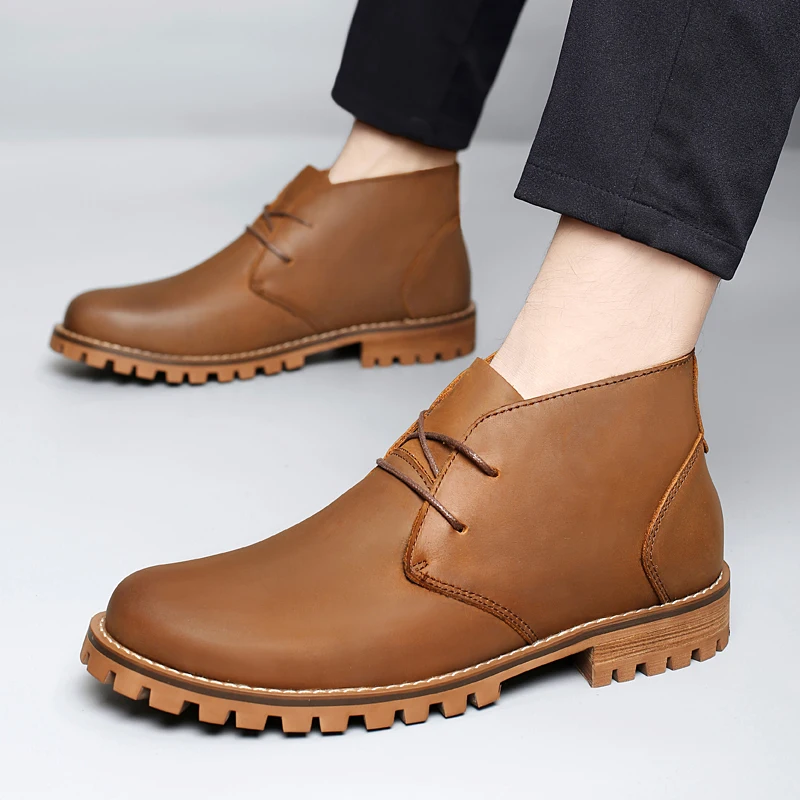 High Quality Men Comfortable Top Layer Cowhide Lace Up Anti Slip Thick Soled Work Boots Fashionable Wear-resistant Outdoor Boots