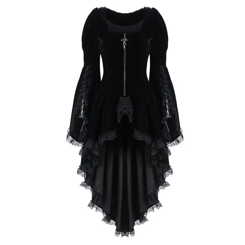 

XT8Women Gothic Long Sleeve Lace Stitching Velvet Tuxedo Jacket Medieval Aristocratic Ladies Vampire Dress Lolita Cosplay CXT6@!