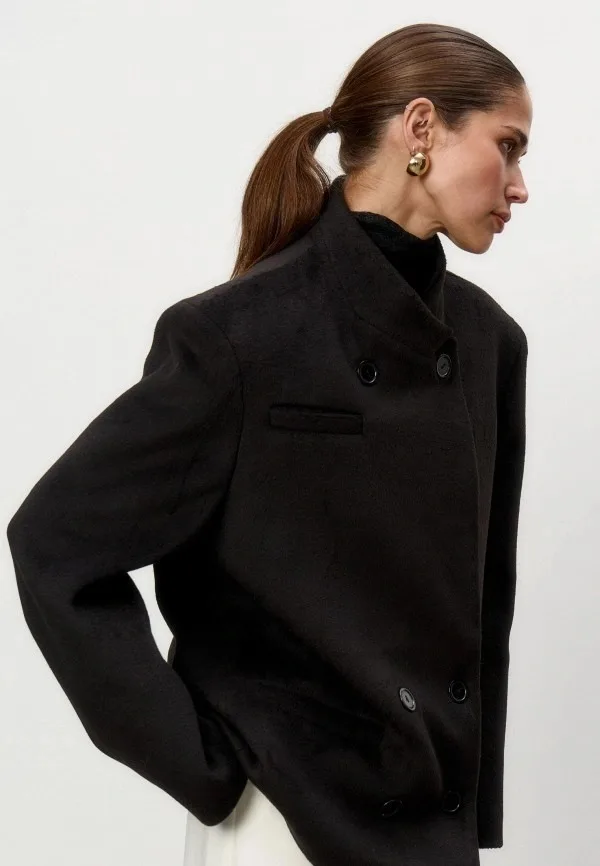 Women Black Stand Collar Double Breasted Mid-Length Wool Blend Blazer Shoulder Pads Flap Pockets Winter Elegant Office Outerwear