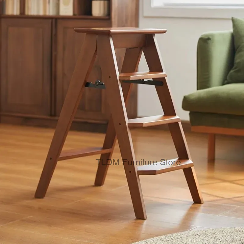 Solid Wood Step Stool Multifunctional Ladder Side Table Portable Household Access Rack for Kitchen Bedroom Balcony Storage