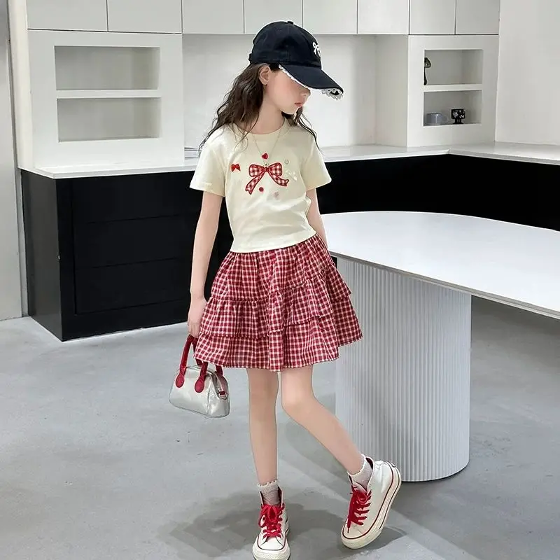 Girls' Summer Two Piece Set 2026 New Plaid Skirt T-Shirt Cotton Ins Style Kids Outfit​